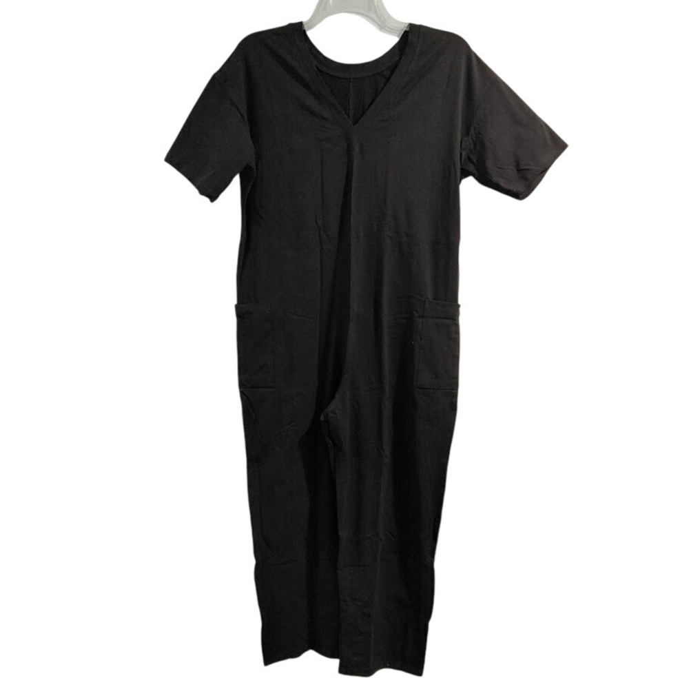 Fashion Black Short Sleeve V Neck Utility Jumpsuit Women Size S